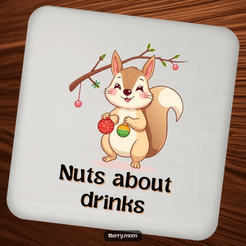 Funny Squirrel Coasters (Set of 4) showing a cheerful squirrel decorating a branch with tiny ornaments.