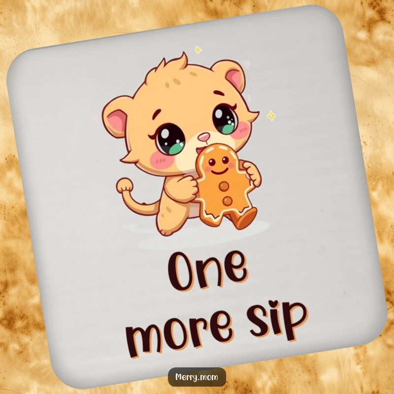 Funny drink coaster with a cute creature sporting sparkling eyes, chasing a mischievous gingerbread cookie, perfect for protecting surfaces.
