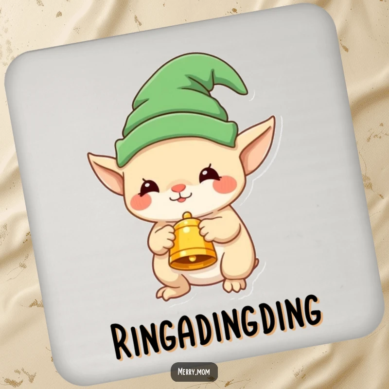 Funny drink coasters featuring a cute elf creature holding a festive bell, protecting furniture with holiday cheer.