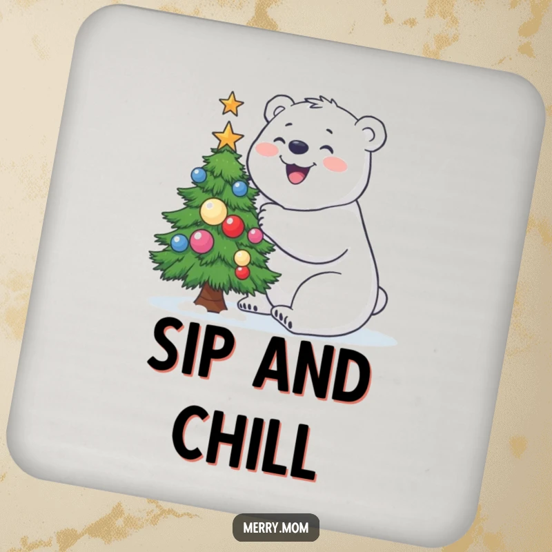 Funny Polar Bear Coasters (Set of 4) showing a joyful polar bear building a small, decorated Christmas tree.
