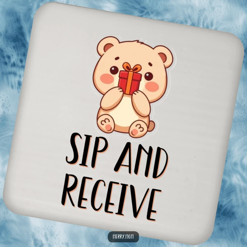 Funny little bear holding a bright red present on a protective drink coaster, adding cute charm.