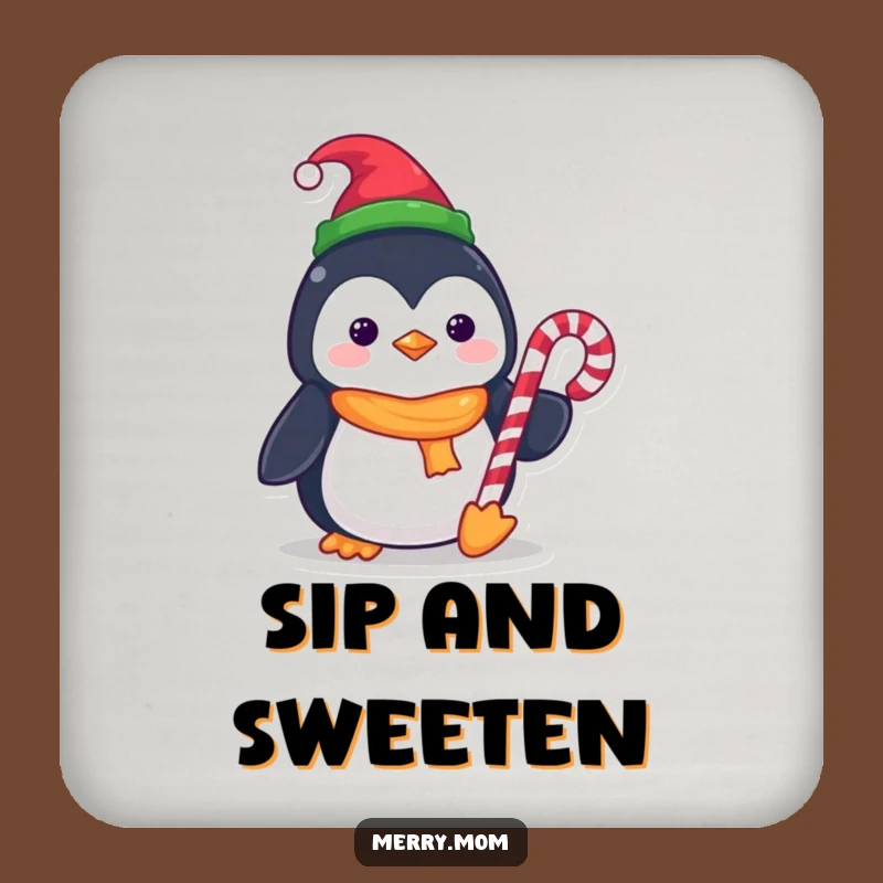 Funny Kawaii Penguin Coasters (Set of 4): Elf Hat Candy Cane Protection, Cute Gift