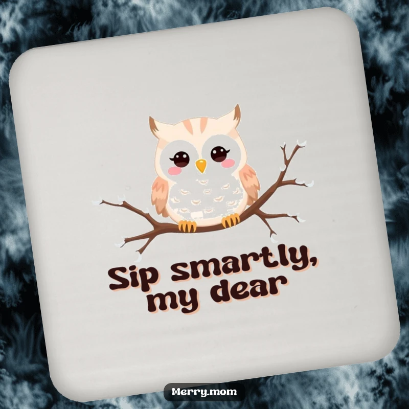 Funny Snowy Owl coaster set with a happy owl peeking from a snowy branch, protecting surfaces with winter charm.