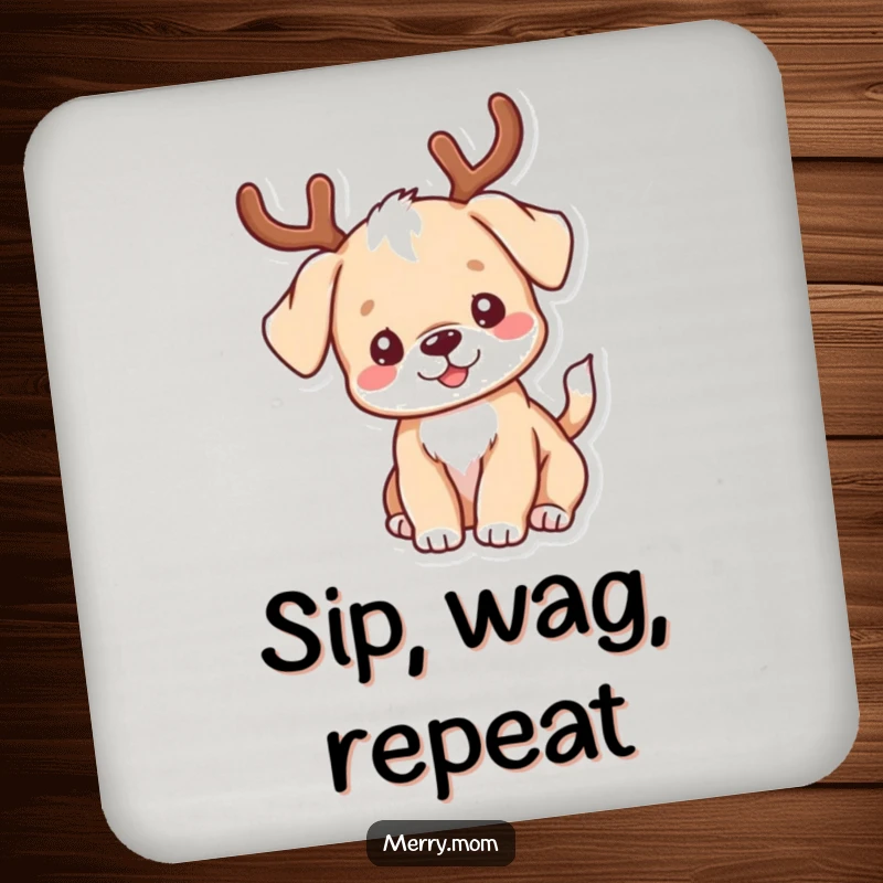 Funny kawaii puppy with antlers wagging its tail on a drink coaster, a small but humorous festive accessory.