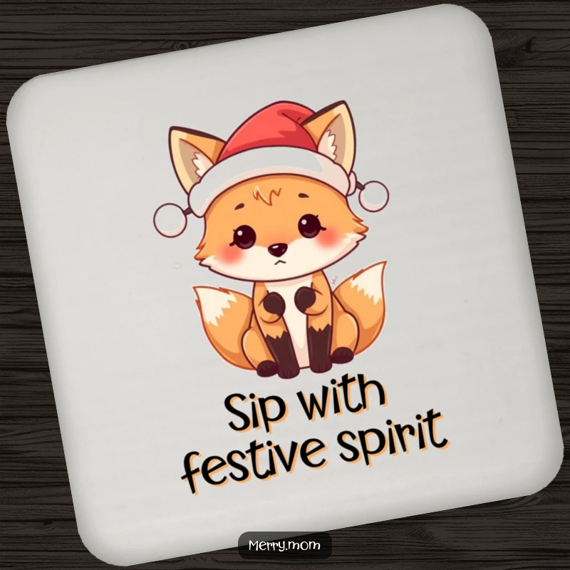 Funny Santa Fox coaster set with a cute fox in a tiny Santa hat, awaiting holiday joy.