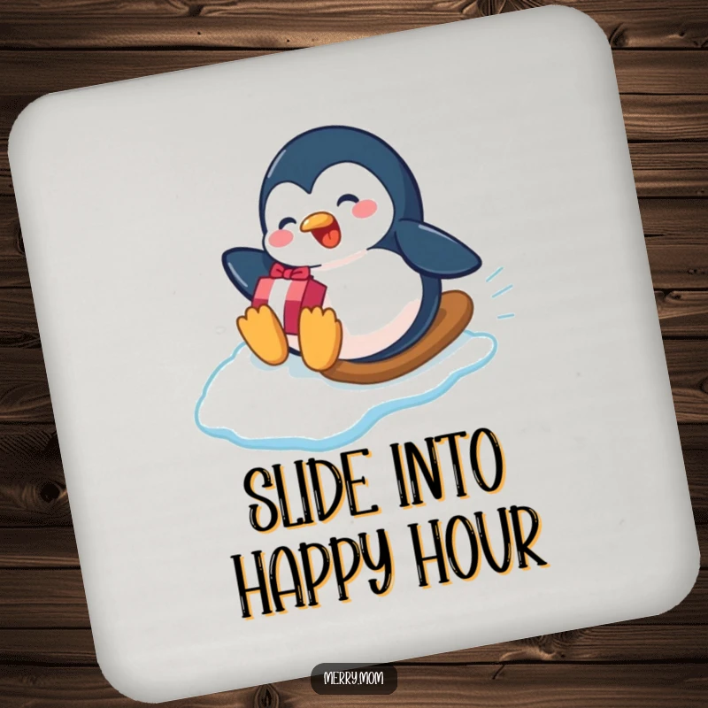 Funny playful penguin sliding down an icy slope with a gift on drink coasters, a humorous and protective winter accessory.