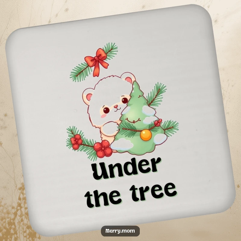 Funny drink coaster, fluffy creature hiding behind a decorated tree, festive decor, protects surfaces.