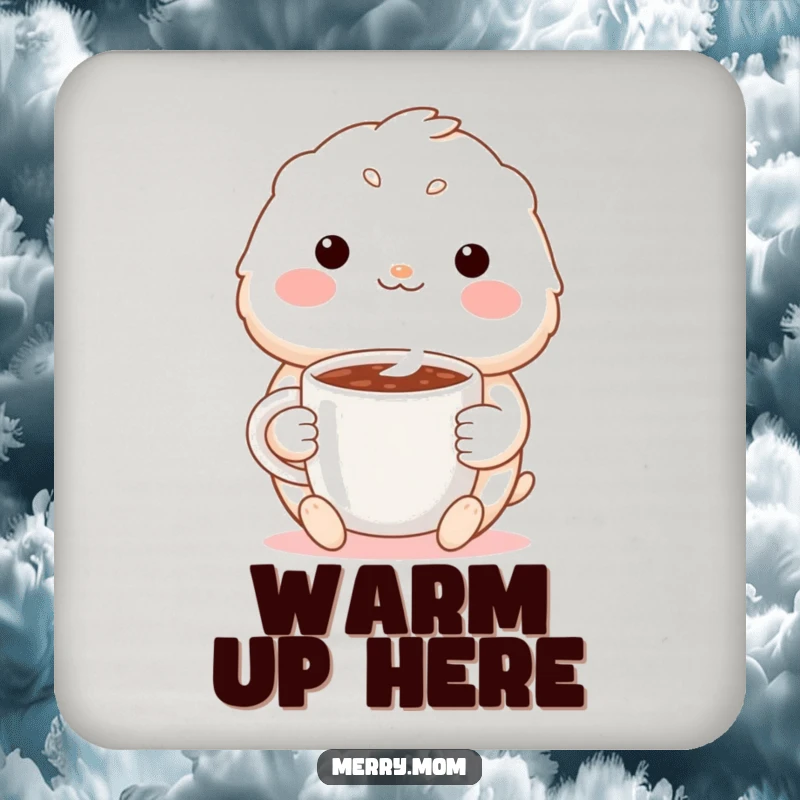 Funny drink coaster with a cute creature sporting a warm smile, holding a steaming mug of cocoa, protecting surfaces with warmth.