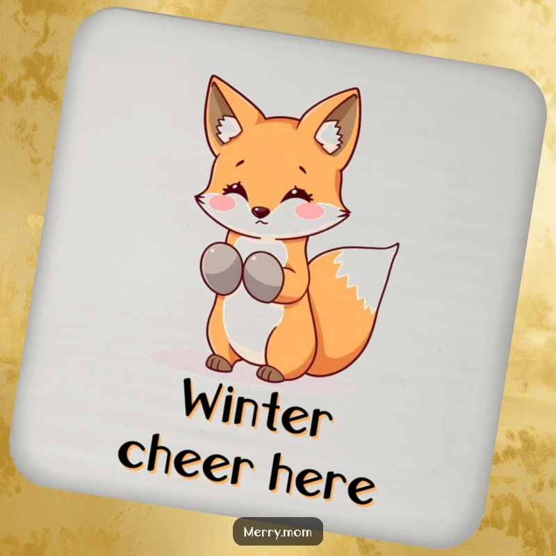 Funny Kawaii Fox Coasters (Set of 4), protecting tables with winter charm, wearing mittens and shaking snowflakes.