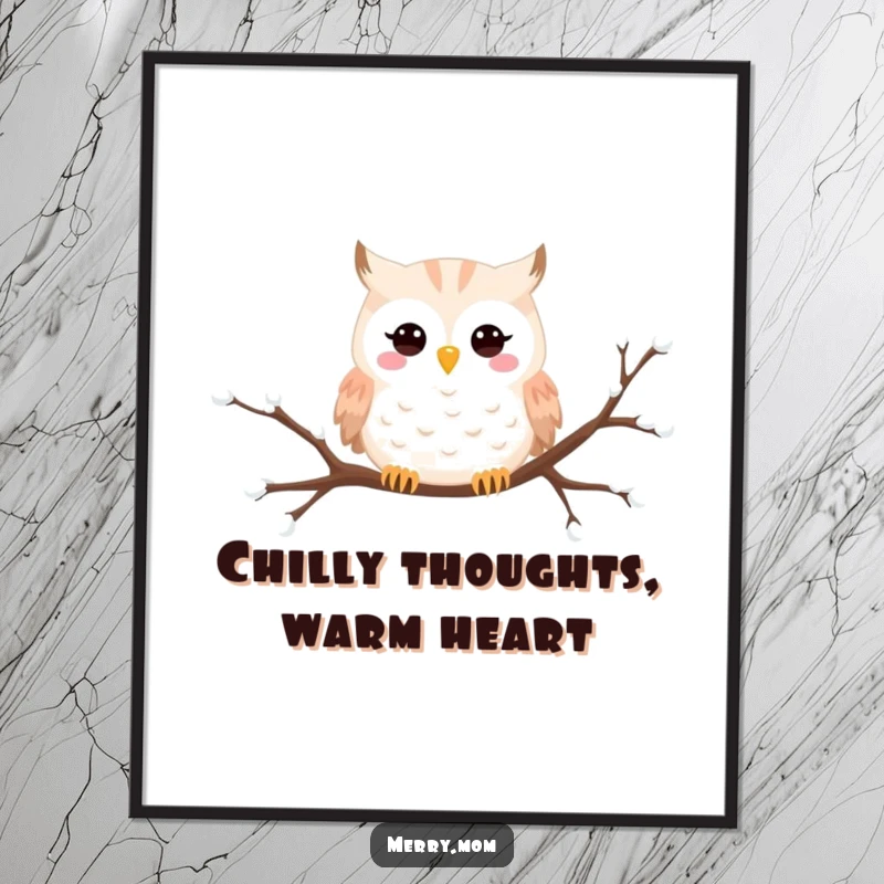 Funny Snowy Owl poster art of a happy owl peeking from a snowy branch, capturing winter's quiet beauty.
