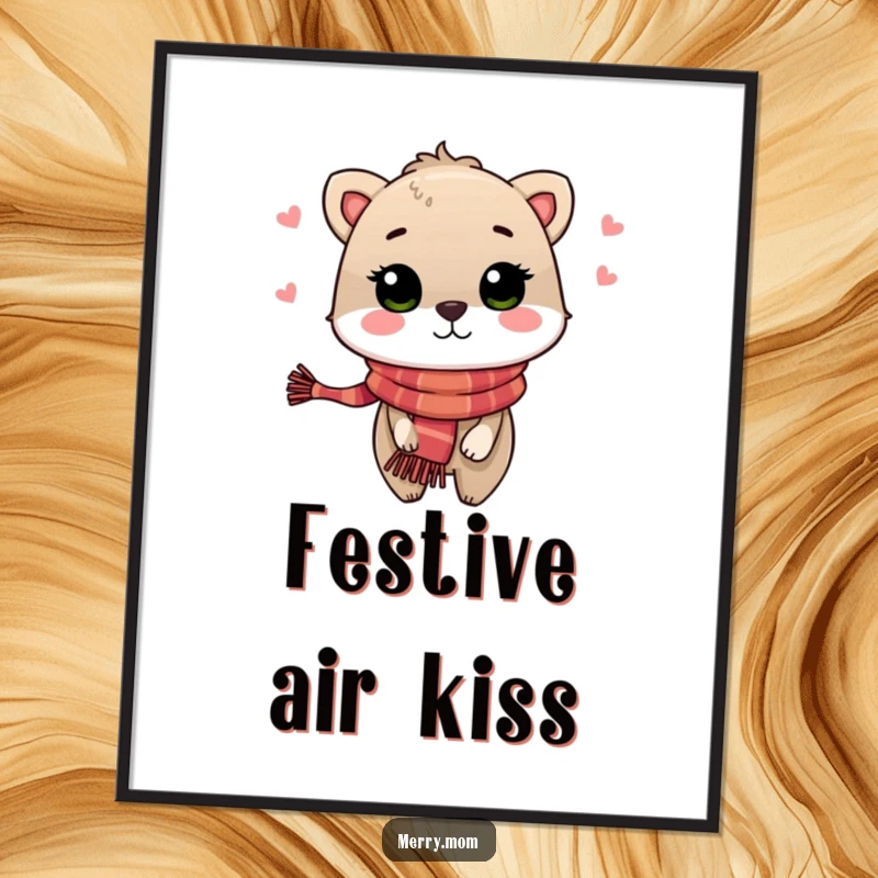 Festive Animal Kiss Poster, artfully depicting an animal in a holiday scarf blowing a kiss with warmth and festive cheer.