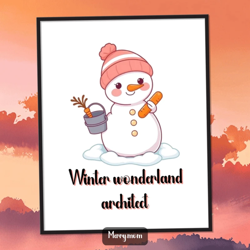 Funny animal focused on building a snowman with a bucket and carrot, presented as charming wall art.