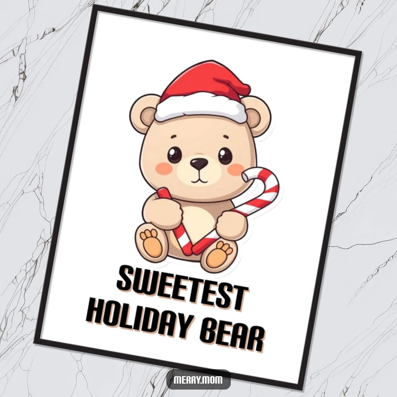 Funny poster print of a sweet bear wearing a Santa hat, holding a candy cane with a gentle smile.
