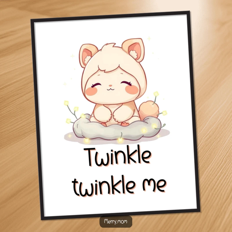 Funny poster art of a cute creature with a contented sigh, nestled amongst twinkling fairy lights, ideal for creating a calming ambiance.
