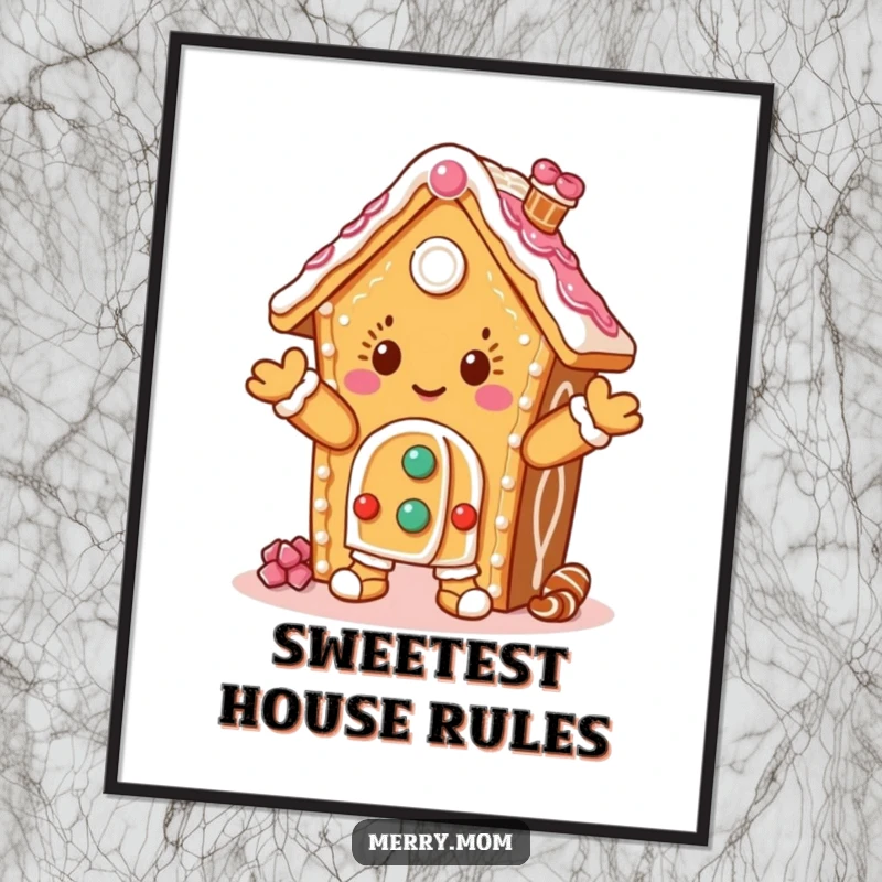 Funny poster of a dancing gingerbread house character, adorned with icing, bringing festive cheer and a playful vibe.