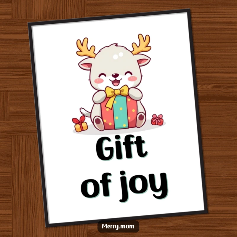 Funny poster art of a cute creature with festive antlers, gleefully unwrapping a brightly colored gift, capturing holiday excitement.