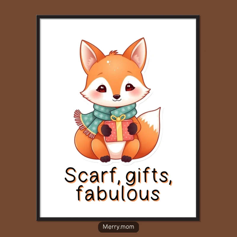 Funny Festive Fox Poster: Sparkly Scarf Fox Gift Art, Charming Holiday Wall Decor Gift