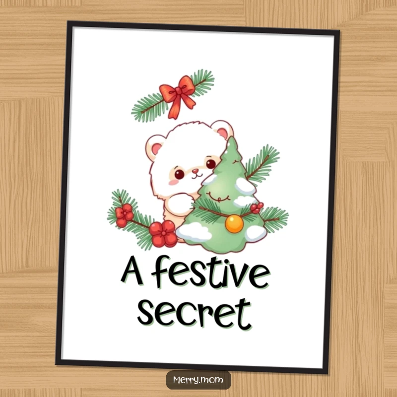 Funny poster, fluffy creature hiding behind a decorated Christmas tree, whimsical wall art, holiday theme.