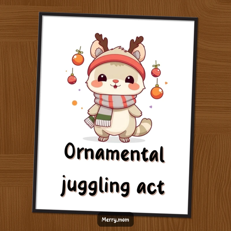 Funny poster of a creature in a festive scarf energetically juggling tiny Christmas ornaments, a whimsical holiday scene.