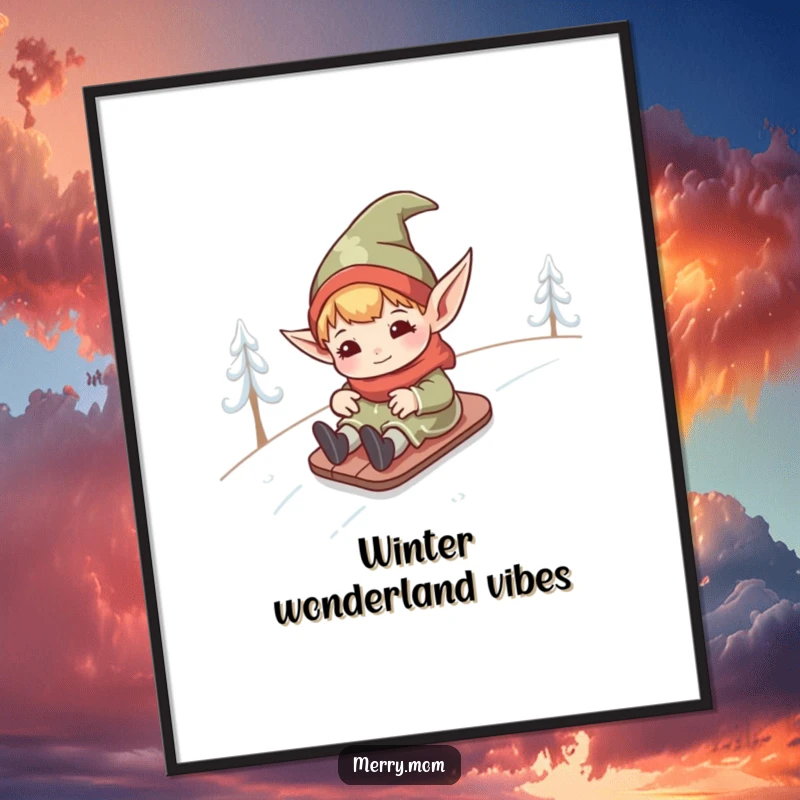 Funny kawaii elf with pointed ears experiencing the thrill of sliding down a snowy hill, presented as delightful wall art.