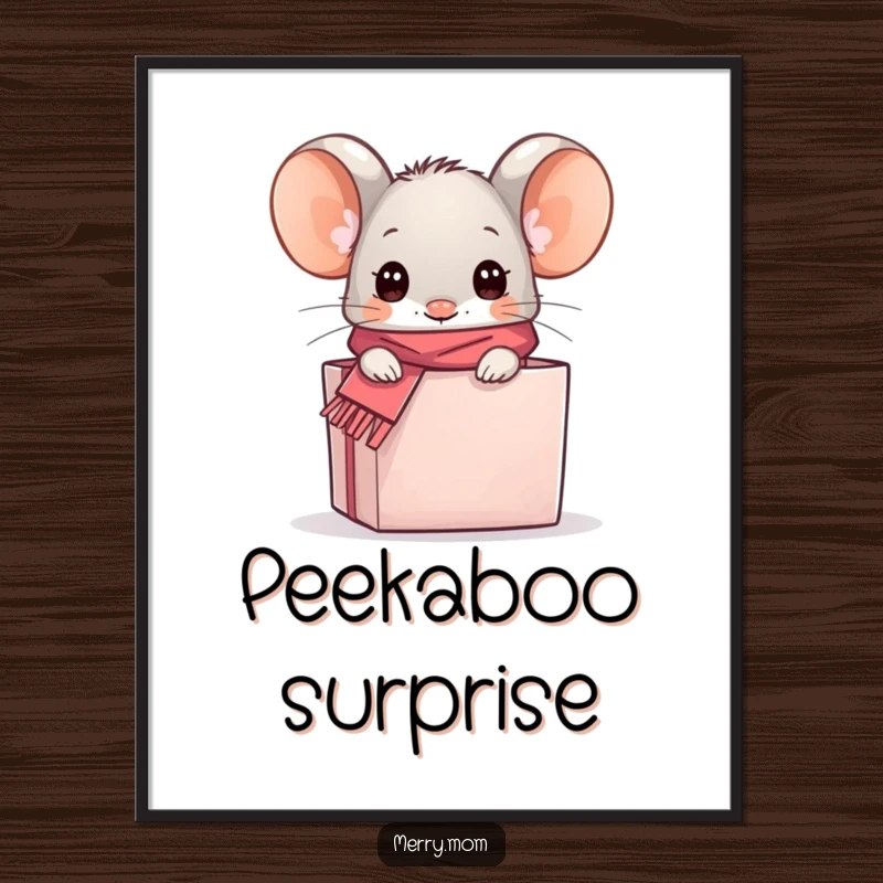 Funny kawaii mouse peeking out of a gift box, presented as a charming and humorous poster for wall decoration.