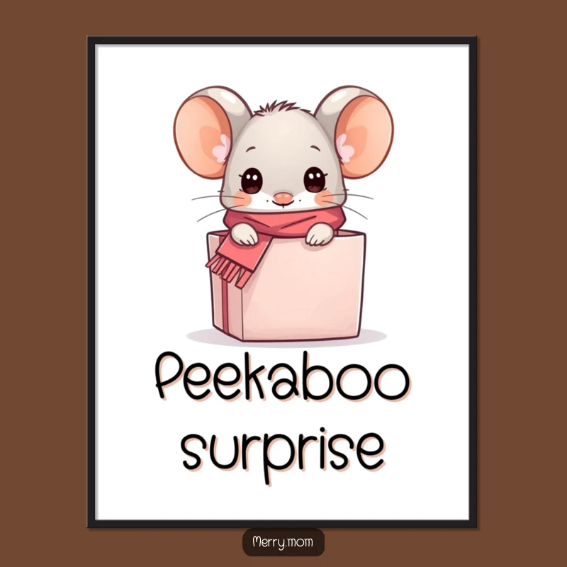 Funny Kawaii Mouse Gift Box Poster - Adorable Art for Humorous Home Decor