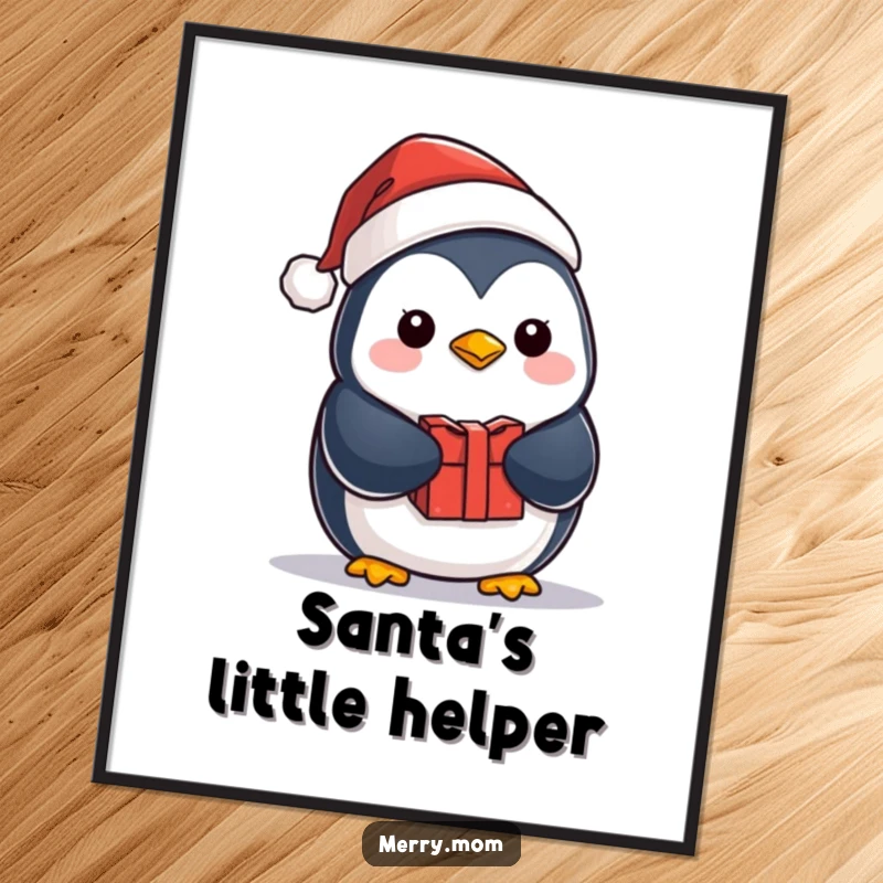 Funny kawaii penguin in a Santa hat, holding a gift, presented as cheerful and festive wall art for any space.