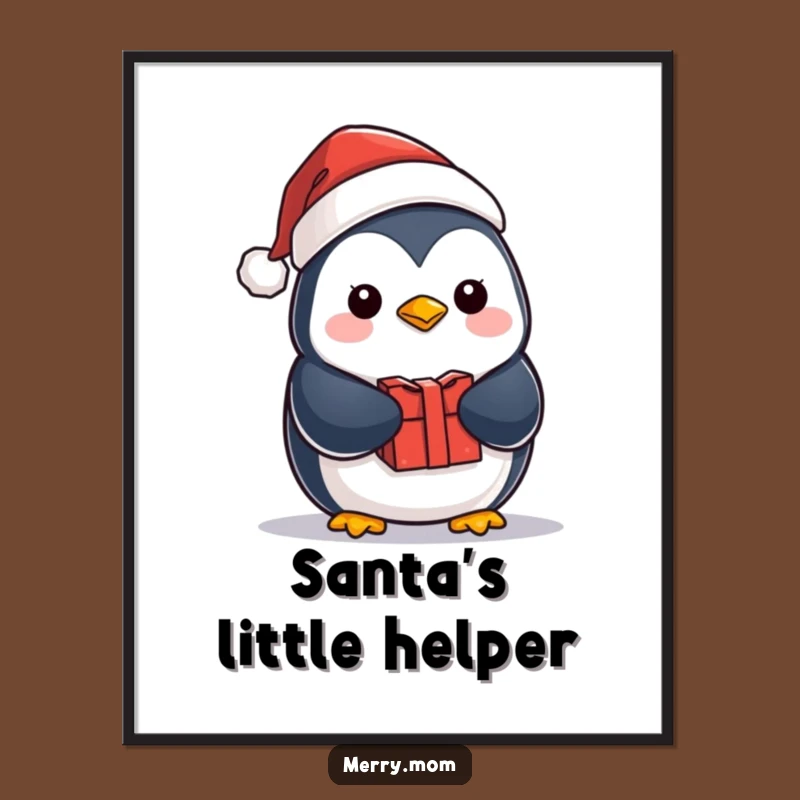 Funny Kawaii Penguin Poster: Santa Hat & Gift for Festive Decor
