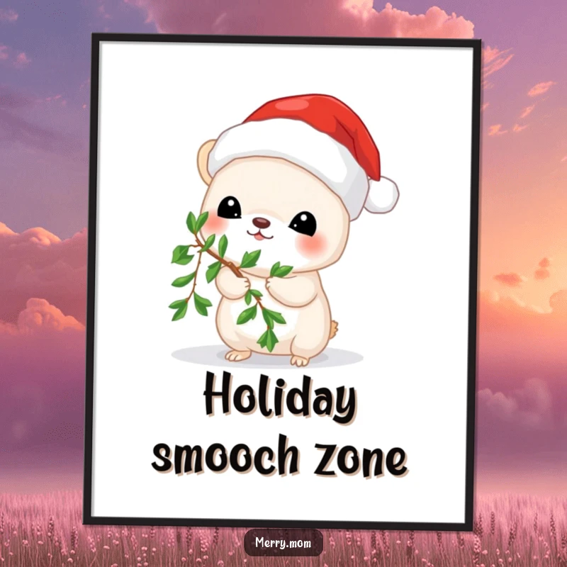 Funny poster of a small animal in a Santa hat holding mistletoe, bringing festive cheer to any room.