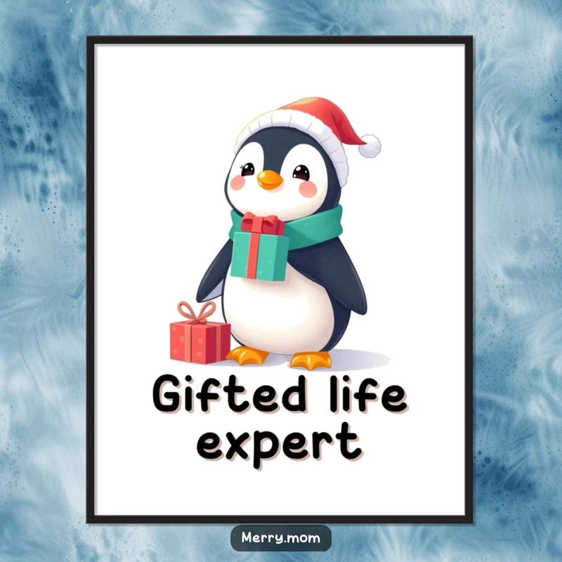 Funny Christmas poster displaying a cheerful penguin in a small Santa suit, balancing gifts on its nose with incredible dexterity.