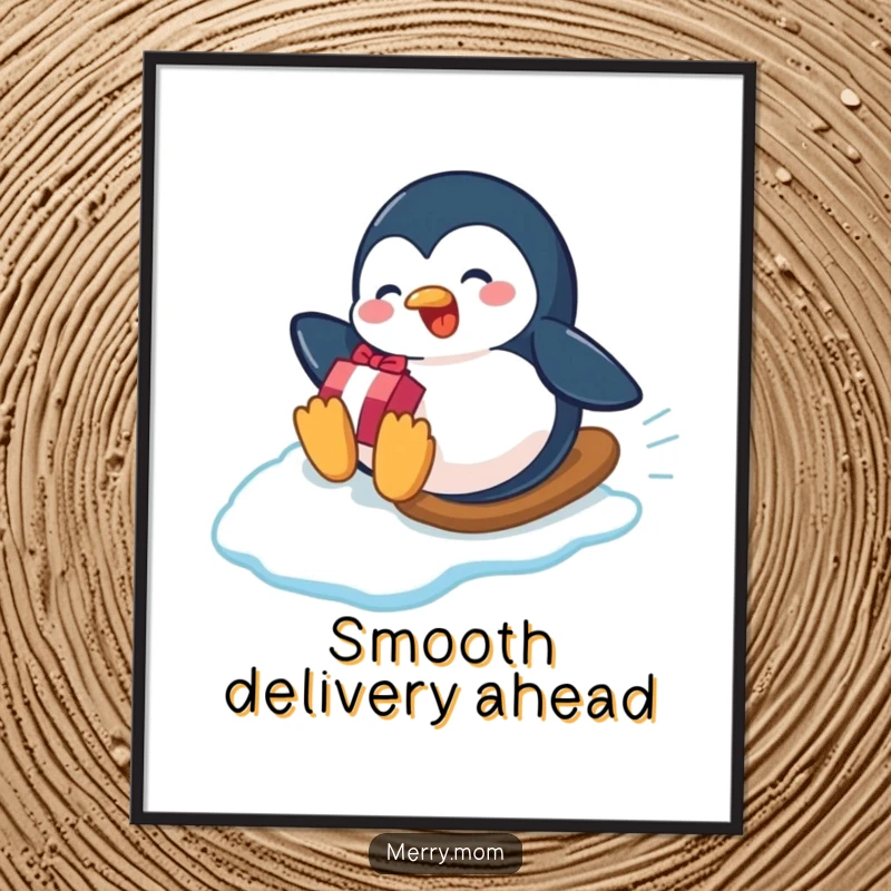 Funny playful penguin sliding down an icy slope with a gift on a poster, capturing winter's playful spirit.