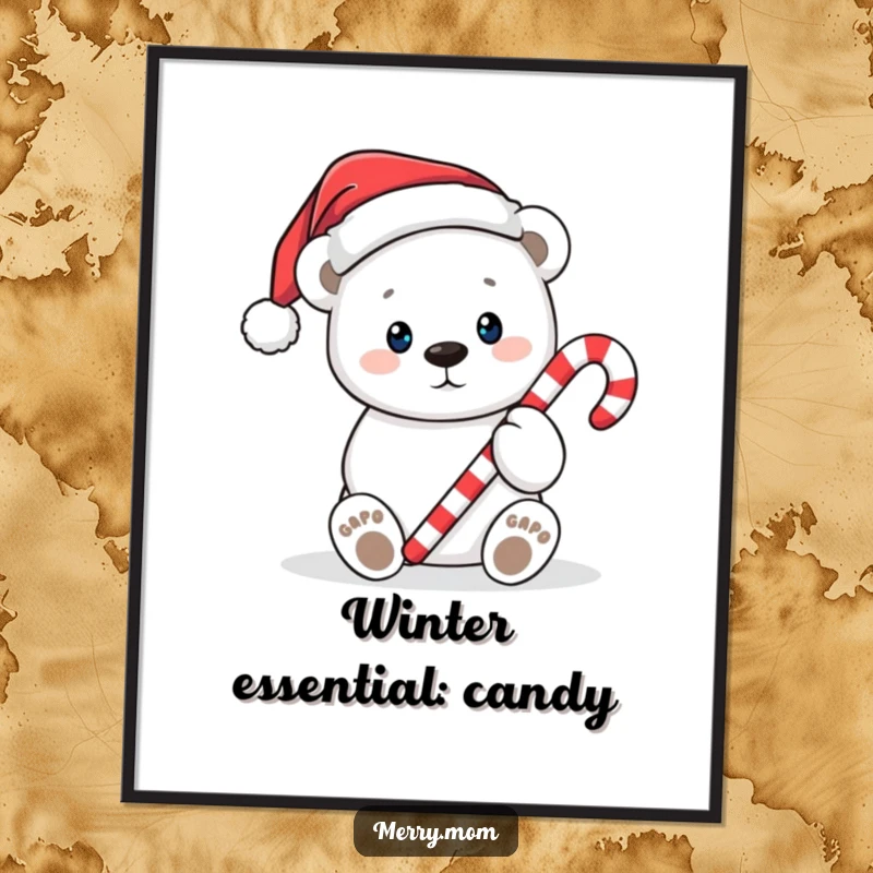 Funny Christmas poster depicting a cute polar bear wearing a Santa hat, offering a candy cane in a festive, artistic style.