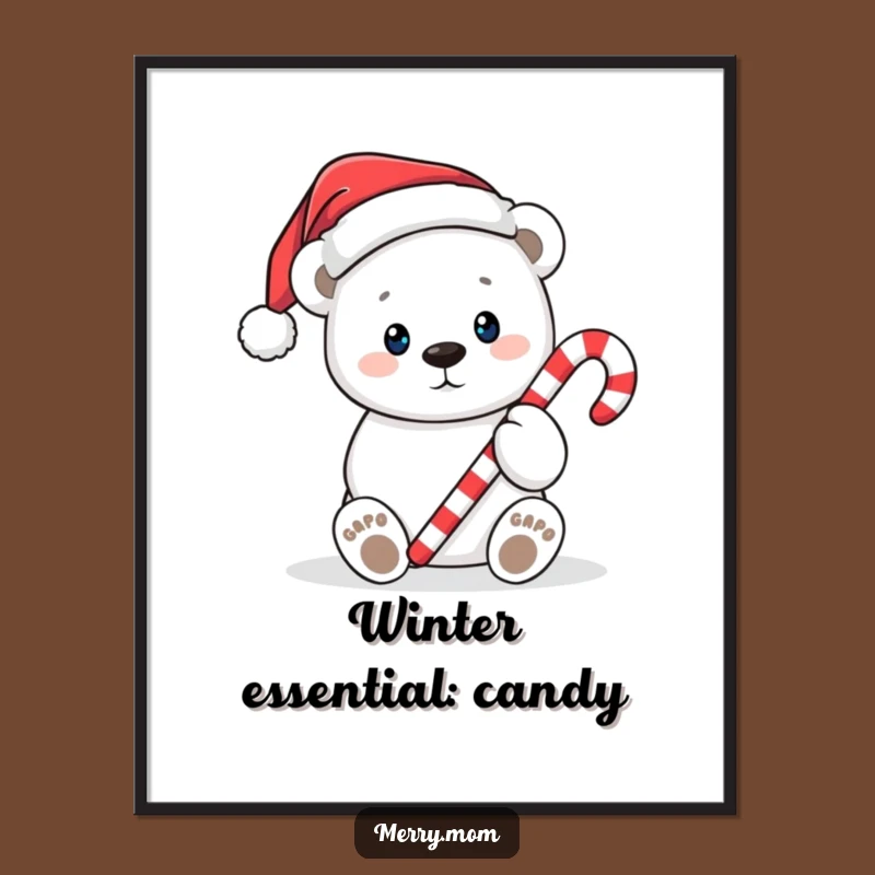 Funny Polar Bear Candy Cane Poster: Festive Christmas Art Print, Charming Funny Gift