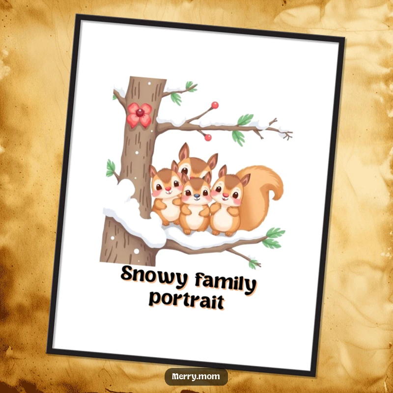 Funny wall art poster of a kawaii squirrel family peeking from a snowy branch, bringing winter charm indoors.