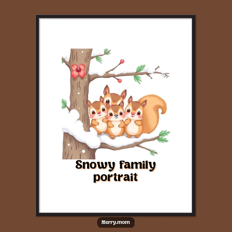 Funny Poster: Kawaii Squirrel Family Snow Branch - Adorable Wall Art Gift