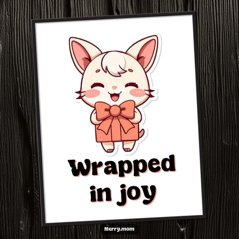 Funny poster depicting a joyful present character with a jauntily tied bow, adding cheer and excitement to wall decor.
