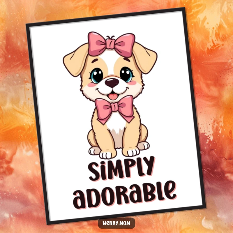 Funny playful puppy wearing a festive bow, displayed as charming wall art, celebrating the joy of pets.