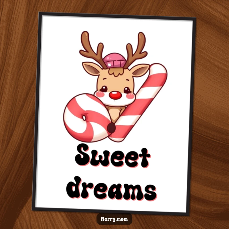 Cute smiling reindeer peeking from behind a giant candy cane on this festive poster, bringing a dose of holiday cheer and whimsical art.