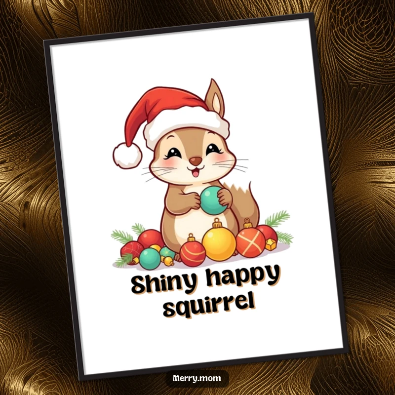Funny poster showcasing a kawaii squirrel adorned with a Santa hat, hoarding shiny ornaments with festive delight.