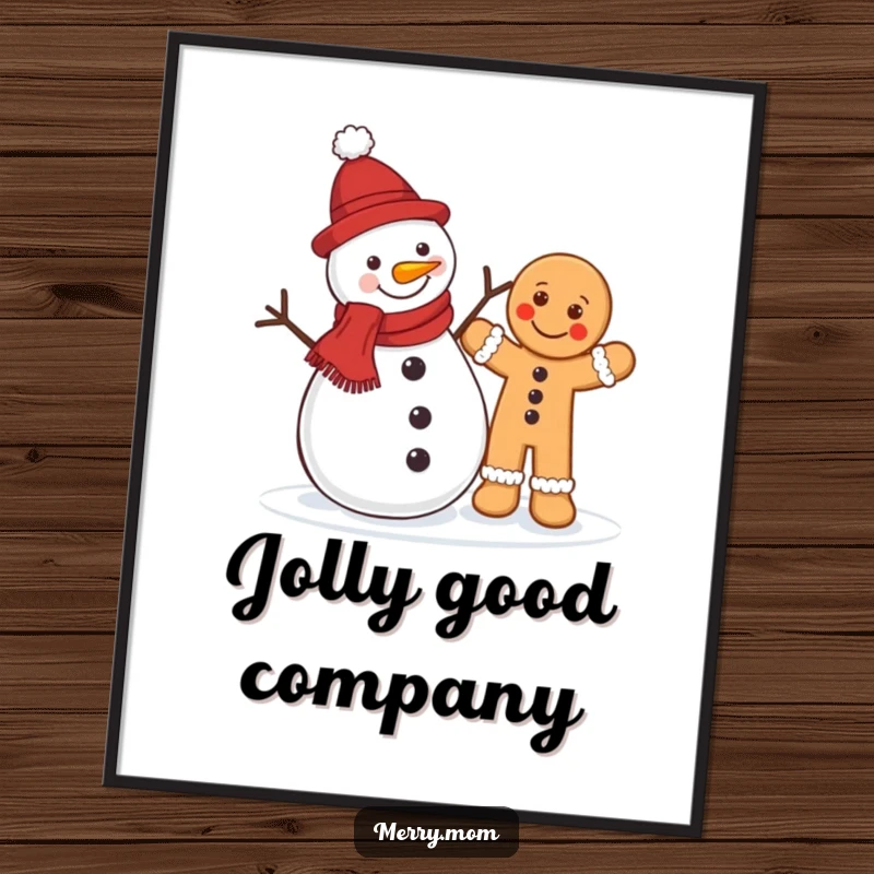 Funny Christmas poster depicting a jolly snowman and a happy gingerbread man waving cheerfully, creating a festive winter scene.