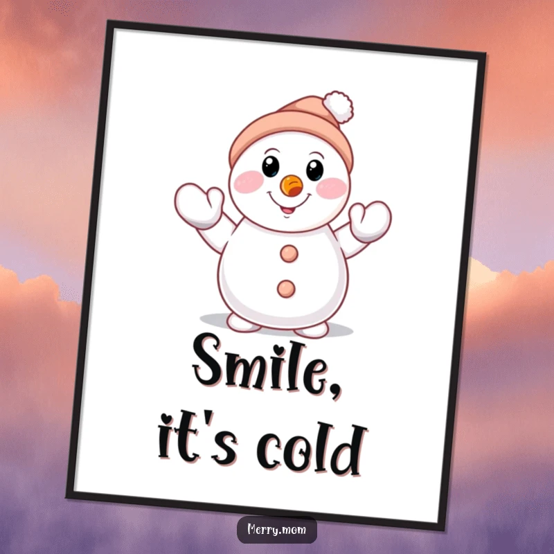 Funny smiling snowman character with carrot nose, waving a mittened hand on a poster, a festive and cheerful art piece.