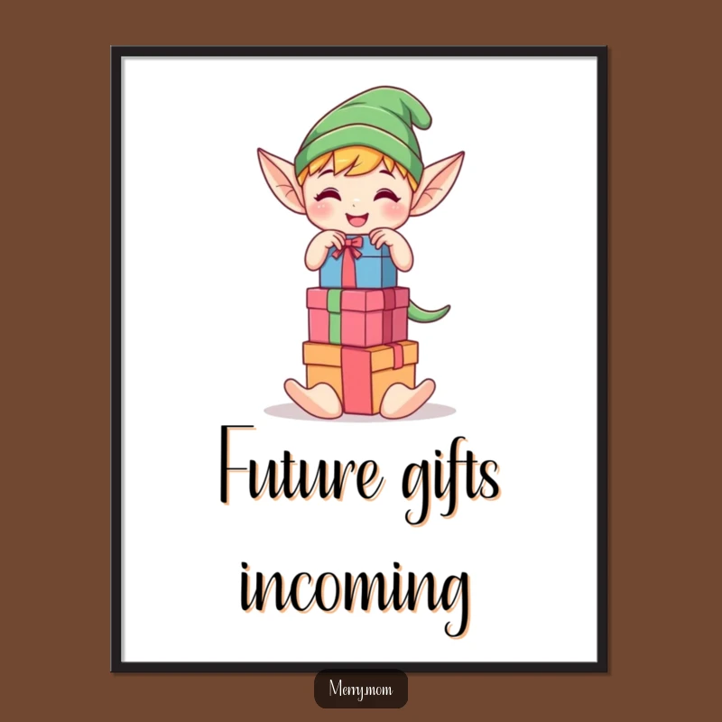 Funny Elf Stacking Gifts Poster - Kawaii Art Print, Festive Wall Decor, Great Gift