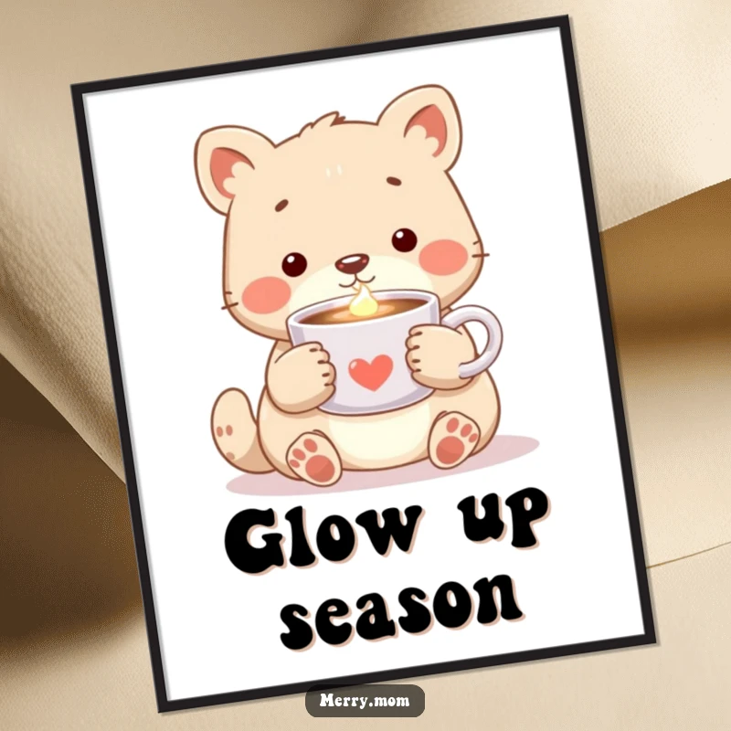 Cozy Animal Cocoa Poster, artfully depicting an animal holding steaming cocoa with a soft, warm glow, creating a serene mood.