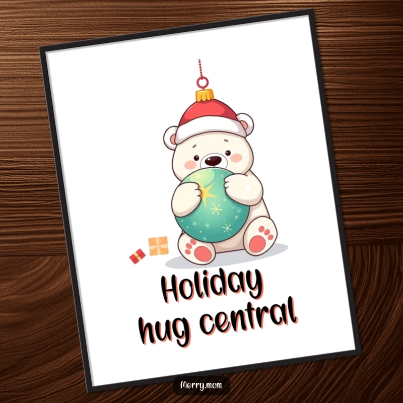 A funny kawaii polar bear in a loving hug with a large, twinkling Christmas ornament, presented as cheerful wall art.