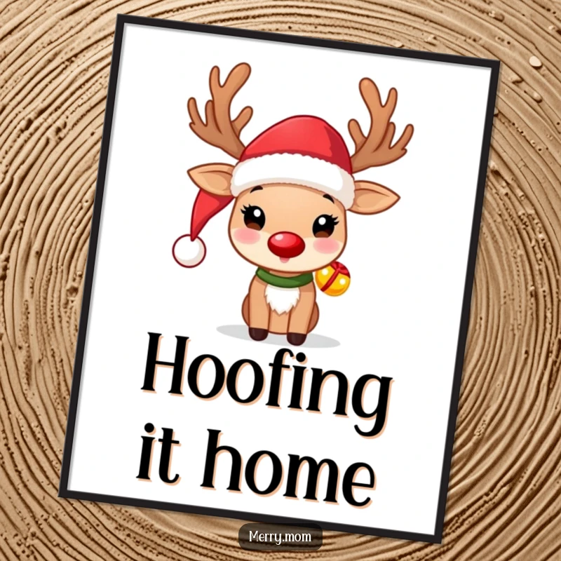 Funny Reindeer Poster featuring a cute reindeer in a Santa hat with jingle bells, perfect festive wall decoration.