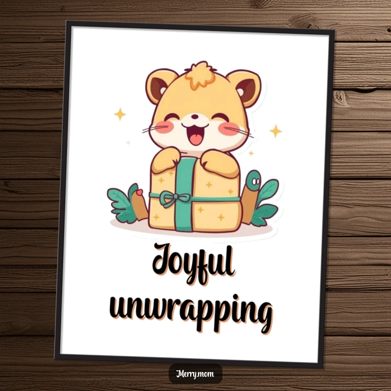Happy Animal Gift Poster, artfully depicting an animal unwrapping a present with pure excitement and a happy expression.