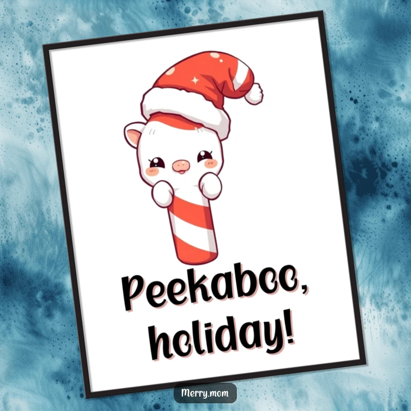 Funny Christmas poster art of a cute creature wearing a Santa hat, peeking playfully from behind a large, vibrant candy cane.