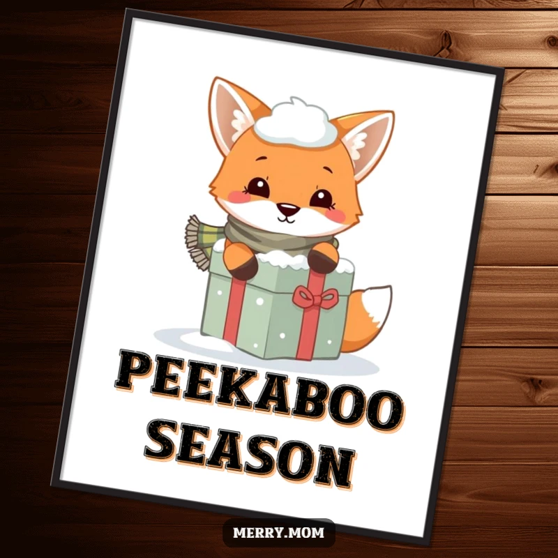 Funny poster art of a cute fox in a scarf, peeking from behind a snow-covered gift, winter themed and charming.