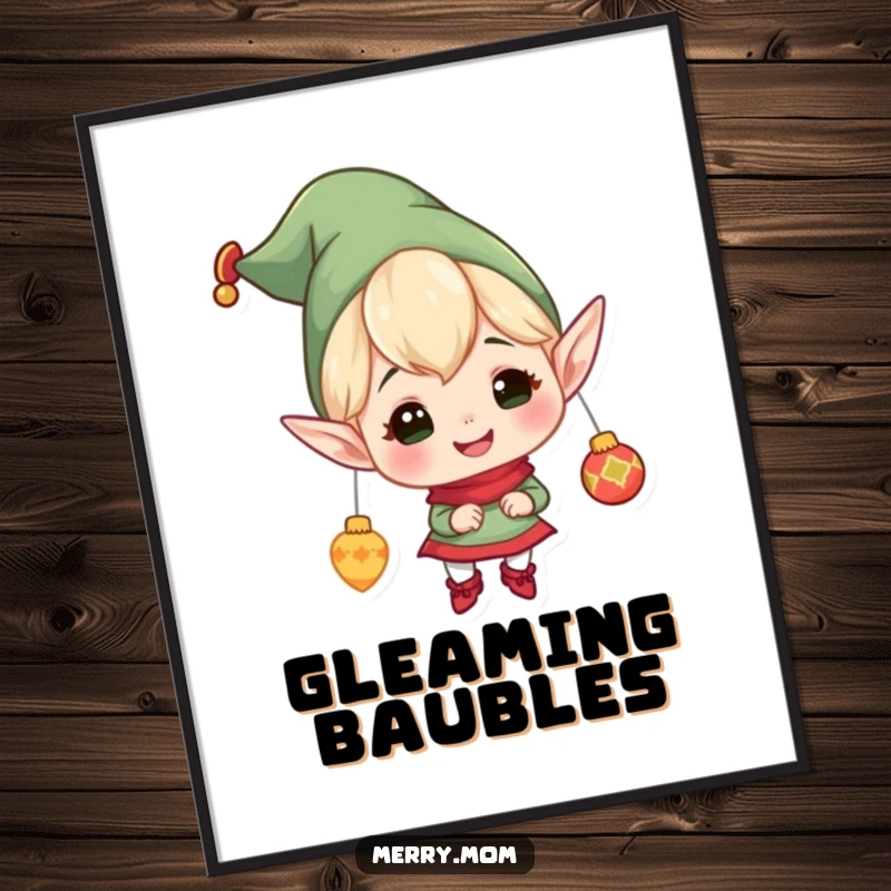 Funny poster art of a cheerful elf character with pointy ears, gleefully hanging ornaments, creating a whimsical and joyful holiday scene.