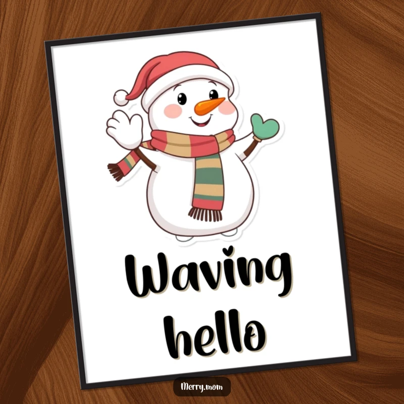 Funny poster art of a happy snowman character with a festive scarf, giving a jolly wave, creating a cheerful and welcoming winter scene.
